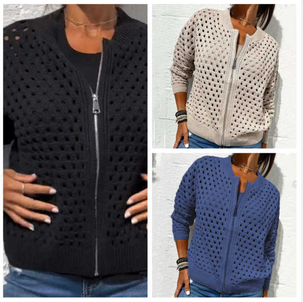 Lässige Damen Strickjacke mit Reißverschluss und hohlem Design