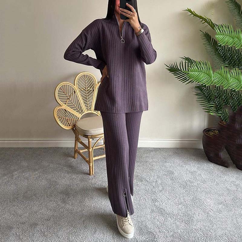 🍂Frühherbst-Special 50 % Rabatt💕Gemütliches zweiteiliges Set aus Rippstrick für Damen mit Hose mit geschlitztem Bein