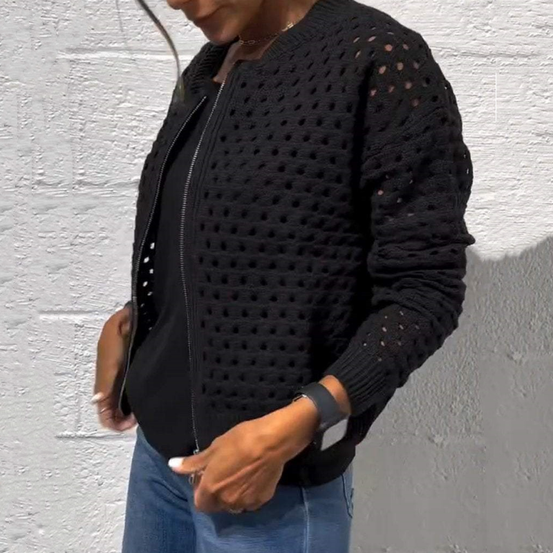Lässige Damen Strickjacke mit Reißverschluss und hohlem Design