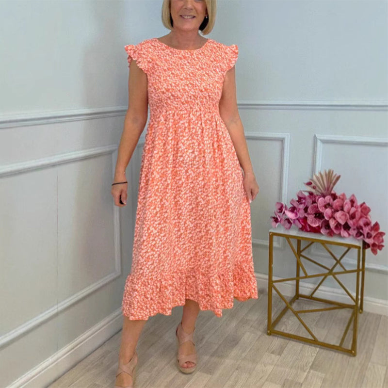 Elegantes Damenkleid mit Blumenmuster, hoher Taille und Rüschenärmeln