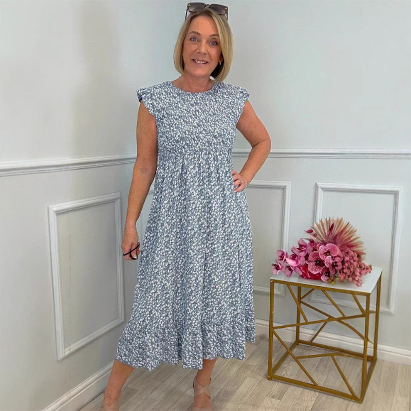 Elegantes Damenkleid mit Blumenmuster, hoher Taille und Rüschenärmeln