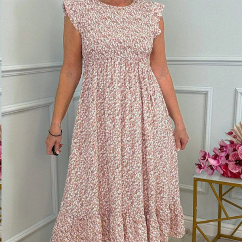 Elegantes Damenkleid mit Blumenmuster, hoher Taille und Rüschenärmeln