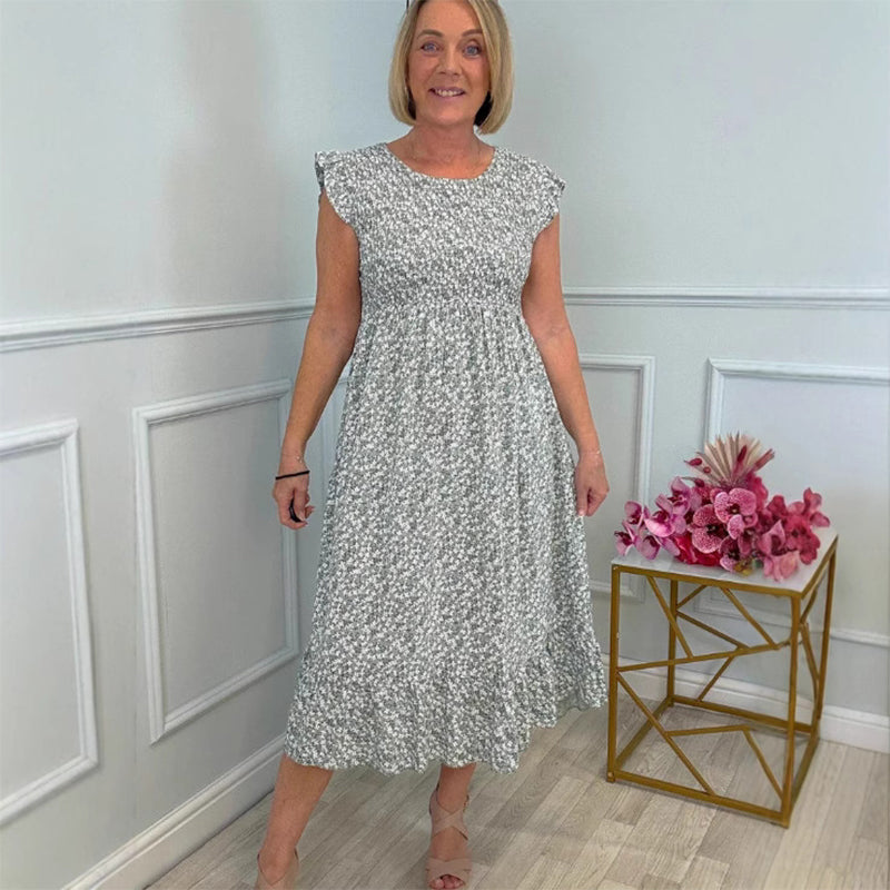 Elegantes Damenkleid mit Blumenmuster, hoher Taille und Rüschenärmeln