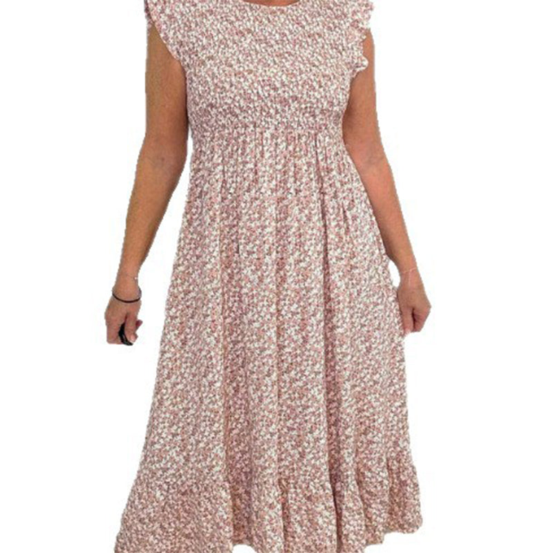 Elegantes Damenkleid mit Blumenmuster, hoher Taille und Rüschenärmeln