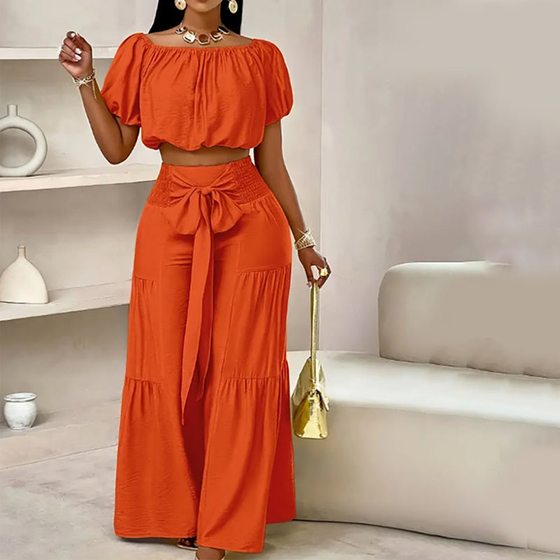 Damen zweiteiliges Set: Schulterfreies Oberteil mit Puffärmeln und Weitbeinhose
