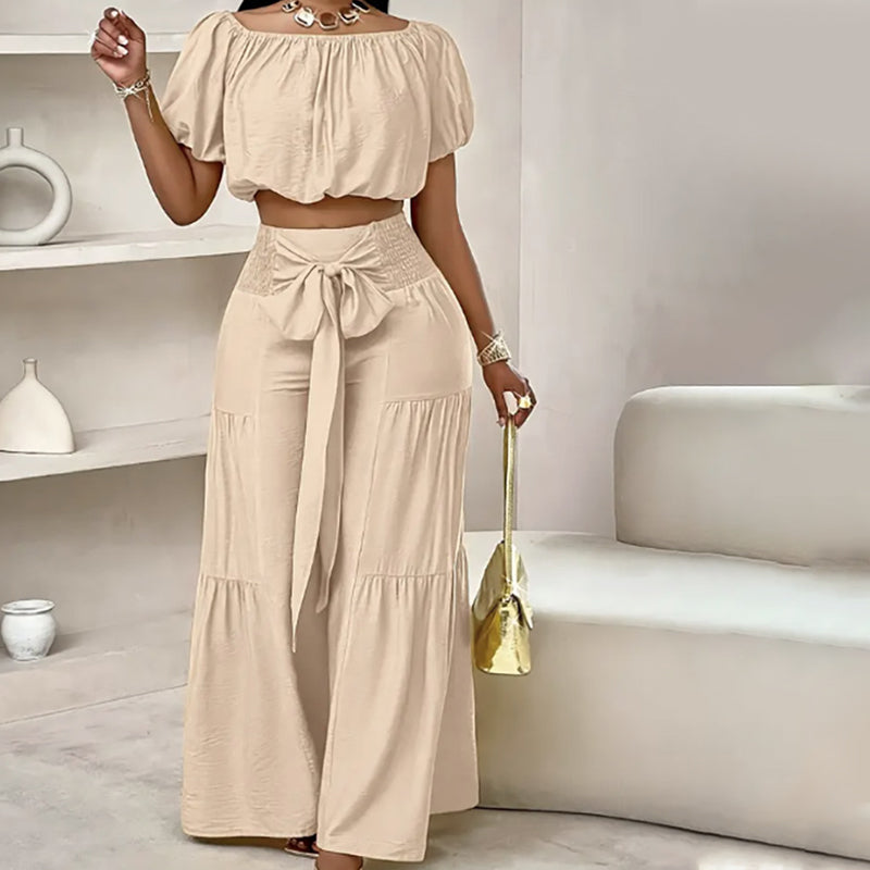 Damen zweiteiliges Set: Schulterfreies Oberteil mit Puffärmeln und Weitbeinhose