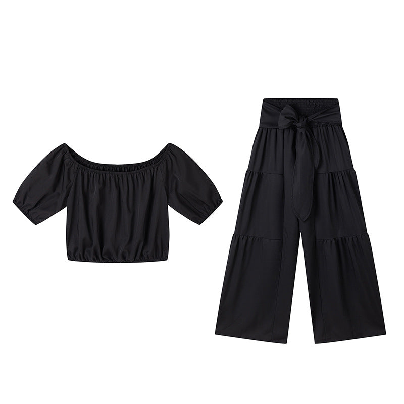 Damen zweiteiliges Set: Schulterfreies Oberteil mit Puffärmeln und Weitbeinhose