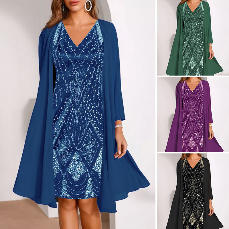 đDamen-Set: Kleid mit V-Ausschnitt & transparenter langer Jacke