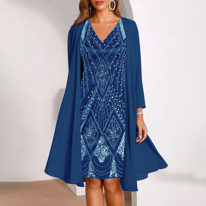 đDamen-Set: Kleid mit V-Ausschnitt & transparenter langer Jacke