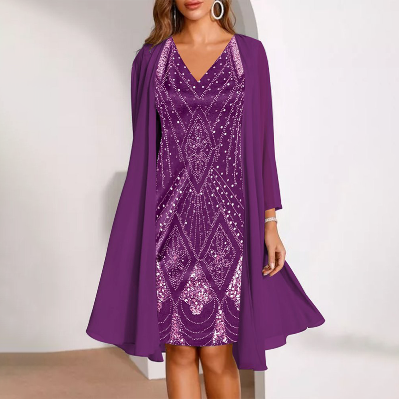 đDamen-Set: Kleid mit V-Ausschnitt & transparenter langer Jacke
