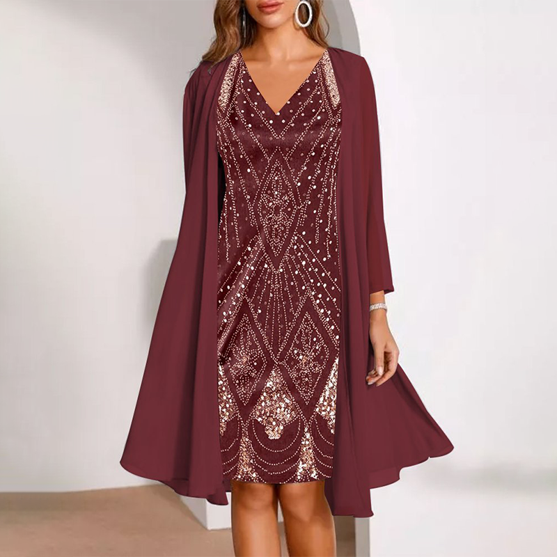 đDamen-Set: Kleid mit V-Ausschnitt & transparenter langer Jacke
