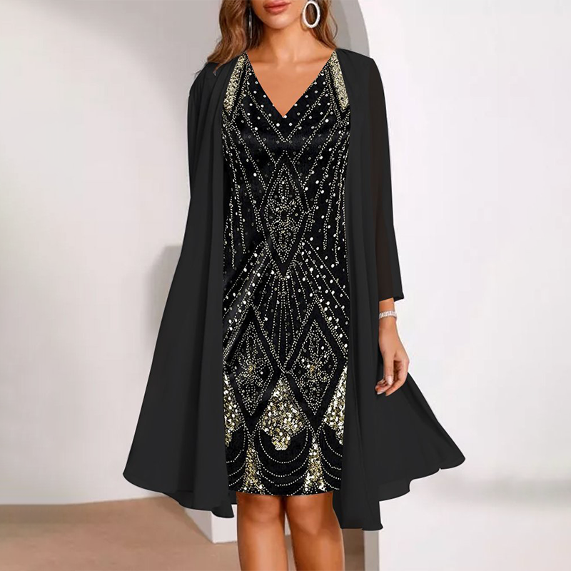 đDamen-Set: Kleid mit V-Ausschnitt & transparenter langer Jacke