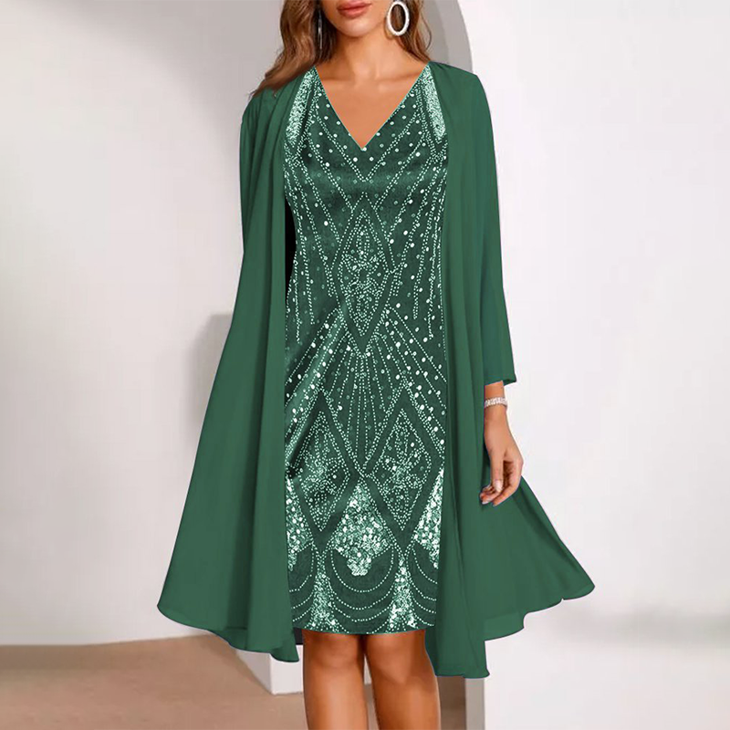 đDamen-Set: Kleid mit V-Ausschnitt & transparenter langer Jacke
