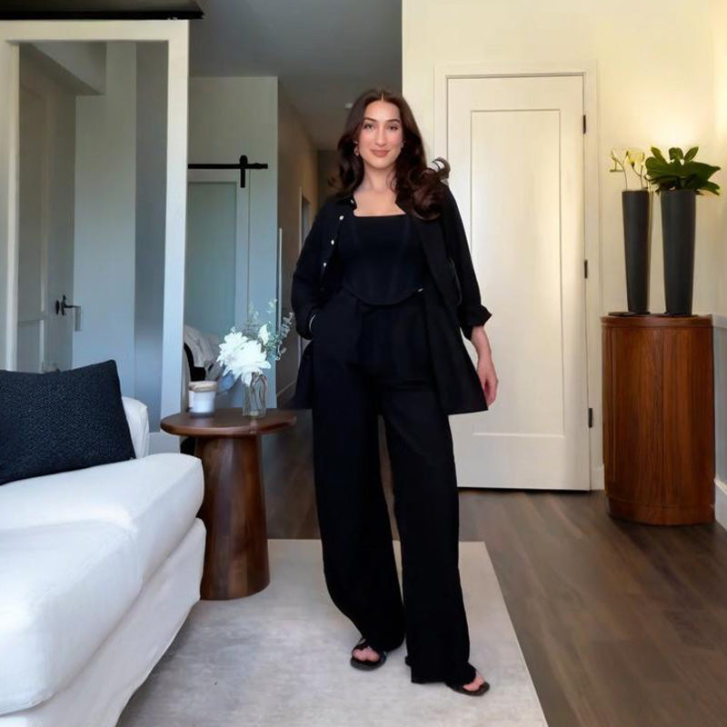 Einfarbiger Zweiteiler mit lockerer Passform: Hemdbluse & Hose mit weitem Bein