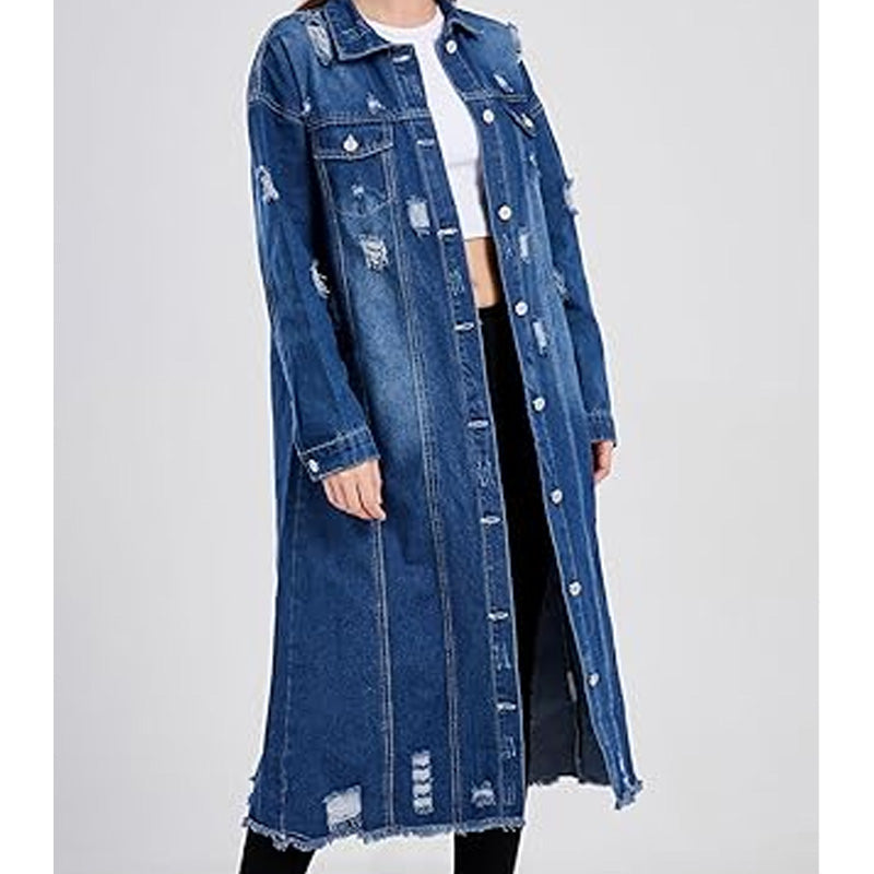 Lange Damen-Jeansjacke im Destroyed Look