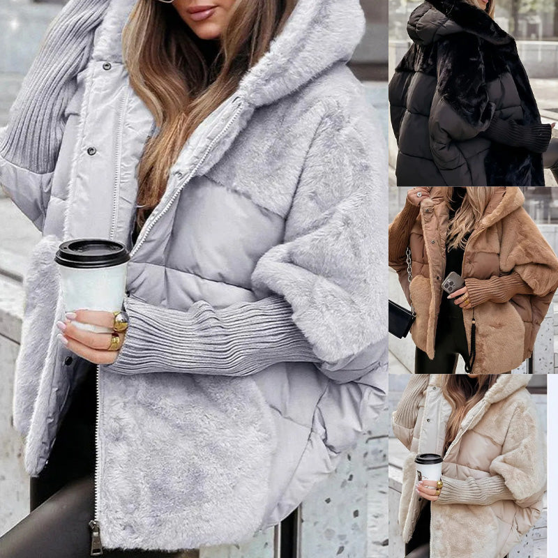 Damen Oversized Pufferjacke mit Kapuze im Patchwork-Design
