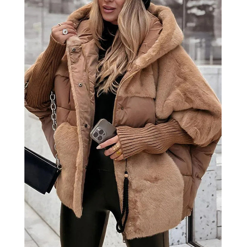 Damen Oversized Pufferjacke mit Kapuze im Patchwork-Design
