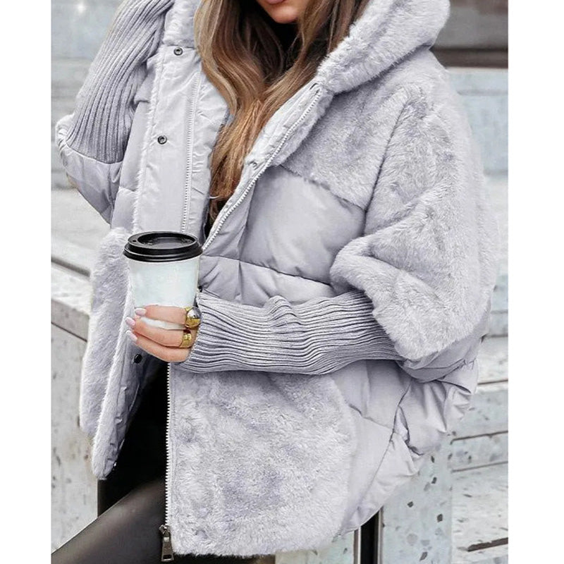 Damen Oversized Pufferjacke mit Kapuze im Patchwork-Design