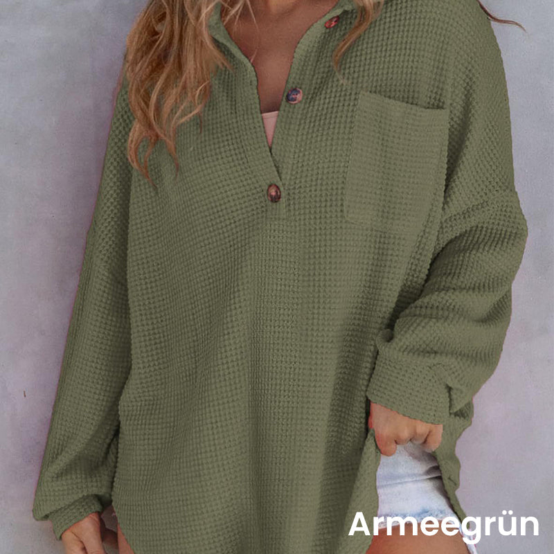 Lockeres einfarbiges Waffelstrickhemd für Damen
