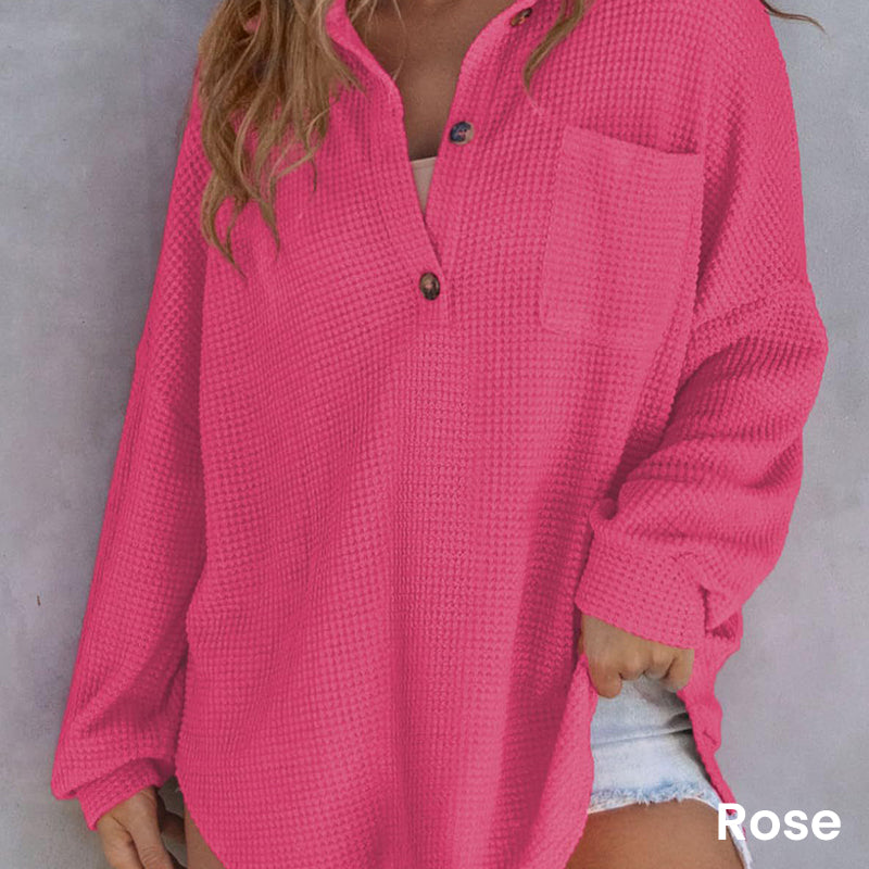 Lockeres einfarbiges Waffelstrickhemd für Damen