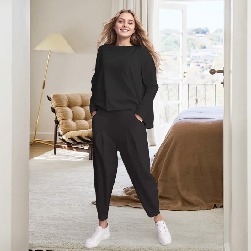 🔥Sommerangebot🔥 2-teiliges Set aus langärmligem Oberteil und Hose mit Rundhalsausschnitt
