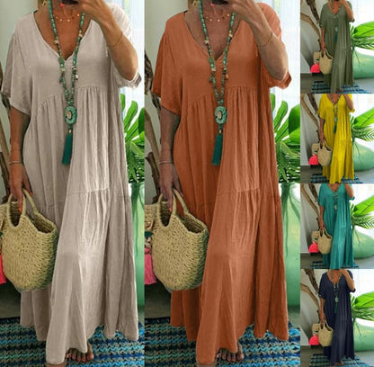 Lässiges langes Damenkleid mit kurzen Ärmeln