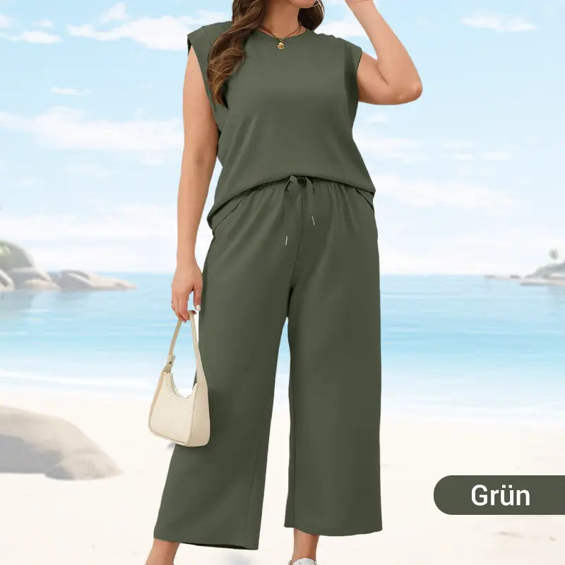🍁Letzter Tag: 50% Rabatt✨2025 Neue Frauen Casual Cap Sleeve Top Wide Leg Crop Pants Zweiteilige Sets