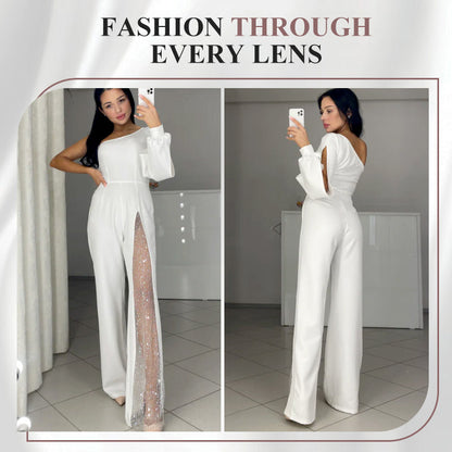 ✨Heißer Verkauf 50% Rabatt✨👠Damen One Shoulder Glitter Mesh Flared Jumpsuit🖤