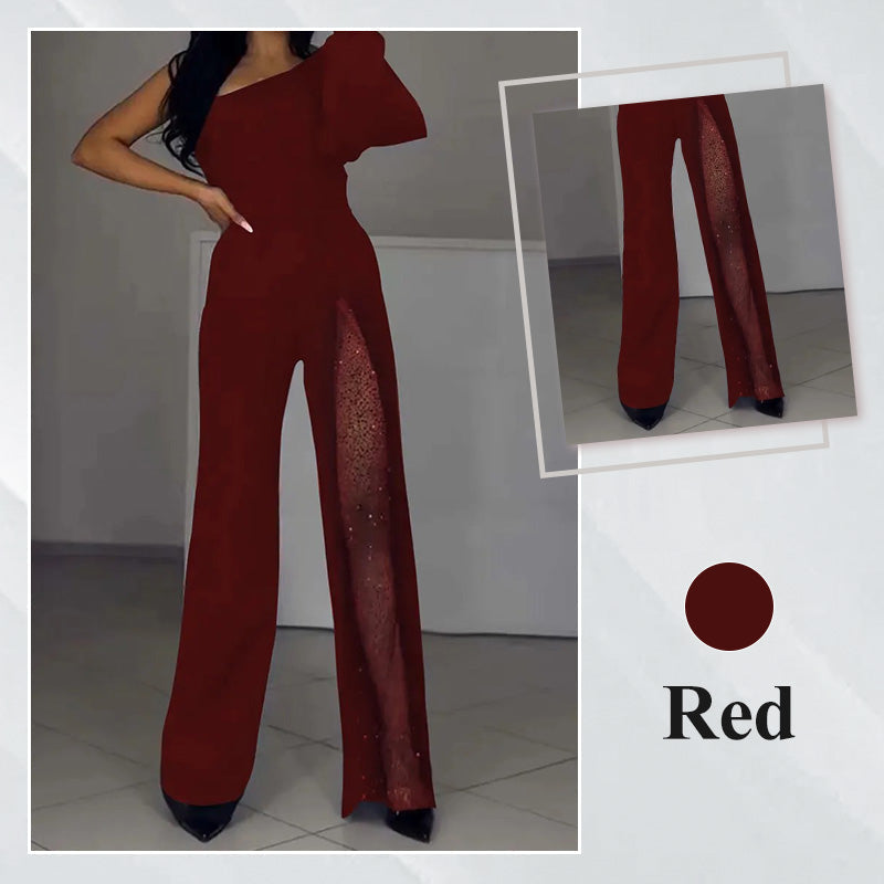 ✨Heißer Verkauf 50% Rabatt✨👠Damen One Shoulder Glitter Mesh Flared Jumpsuit🖤