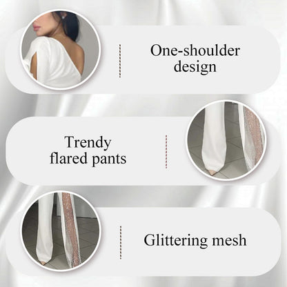 ✨Heißer Verkauf 50% Rabatt✨👠Damen One Shoulder Glitter Mesh Flared Jumpsuit🖤