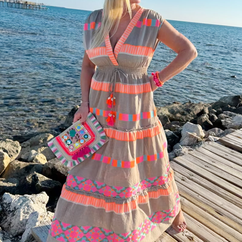 Lässiges Damen V-Ausschnitt Vintage Streifenmuster Ärmelloses Kleid