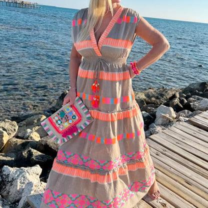 Lässiges Damen V-Ausschnitt Vintage Streifenmuster Ärmelloses Kleid