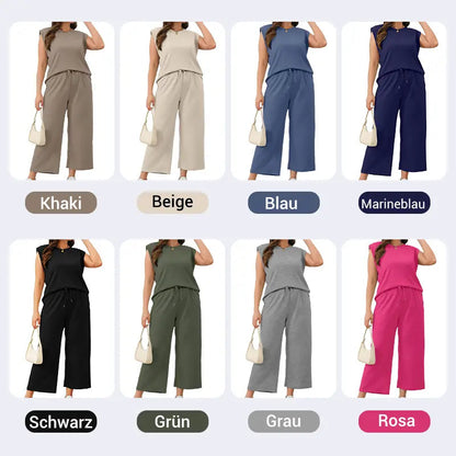 🍁Letzter Tag: 50% Rabatt✨2025 Neue Frauen Casual Cap Sleeve Top Wide Leg Crop Pants Zweiteilige Sets