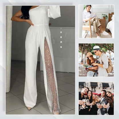 ✨Heißer Verkauf 50% Rabatt✨👠Damen One Shoulder Glitter Mesh Flared Jumpsuit🖤