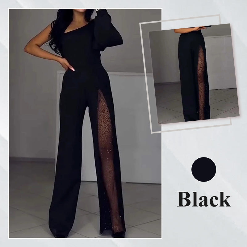 ✨Heißer Verkauf 50% Rabatt✨👠Damen One Shoulder Glitter Mesh Flared Jumpsuit🖤