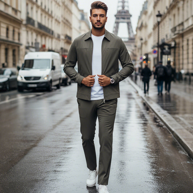 Herren 2-teiliges Freizeit-Set in Unifarben für Herbst und Winter (Jacke + Hose)