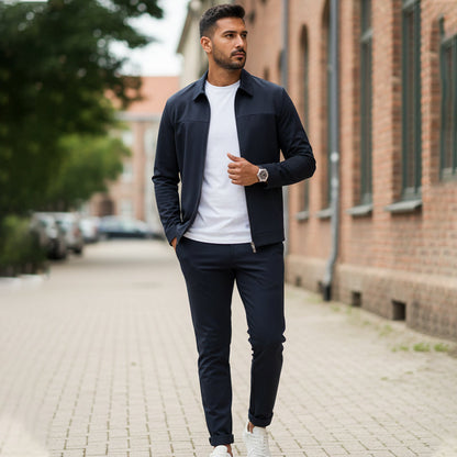 Herren 2-teiliges Freizeit-Set in Unifarben für Herbst und Winter (Jacke + Hose)