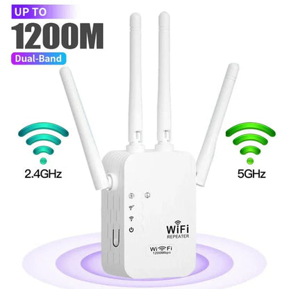 🎁 Laatste dag 50% korting 🔥 WiFi-extender 2025,1200 Mbps Dual-band signaalversterker (5 GHz/2,4 GHz), dekt 10.000 vierkante voet en 50 apparaten, repeater met Ethernet-poort voor thuis