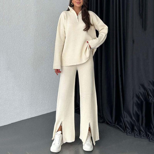 🌿Early Spring Sale 50% Off💕 Bequemer zweiteiliger Damen-Rippenstrickanzug mit geschlitzter Hose