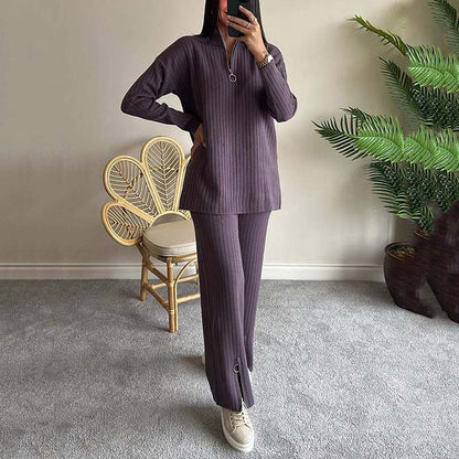 🍂Frühherbst-Special 50 % Rabatt💕Gemütliches zweiteiliges Set aus Rippstrick für Damen mit Hose mit geschlitztem Bein