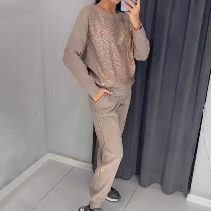 💕Damen Glitter Rhinestone Sweatshirt & Casual Hose 2-teiliges Set