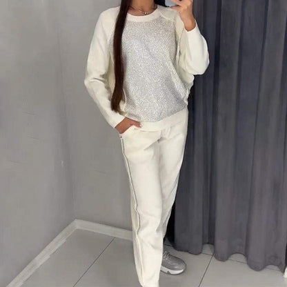 💕Damen Glitter Rhinestone Sweatshirt & Casual Hose 2-teiliges Set