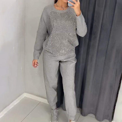 💕Damen Glitter Rhinestone Sweatshirt & Casual Hose 2-teiliges Set