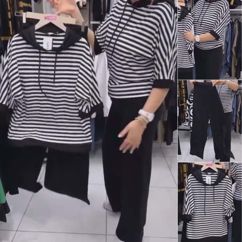 ⏳Begrenzte Zeit 50% Rabatt💥Damen-Set aus gestreiftem Oberteil und einfarbiger Hose