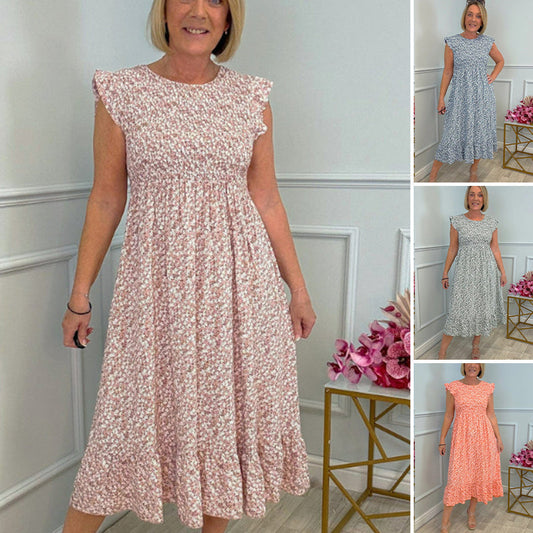 Elegantes Damenkleid mit Blumenmuster, hoher Taille und Rüschenärmeln