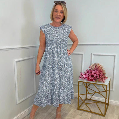 Elegantes Damenkleid mit Blumenmuster, hoher Taille und Rüschenärmeln