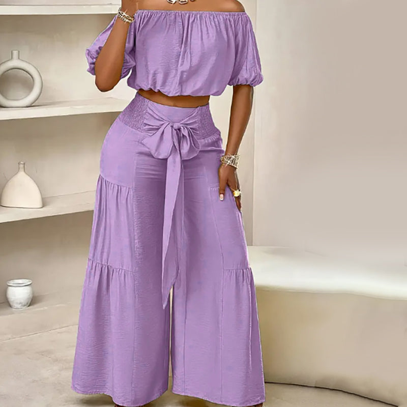 Damen zweiteiliges Set: Schulterfreies Oberteil mit Puffärmeln und Weitbeinhose