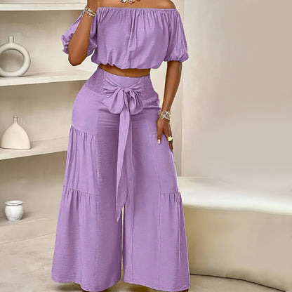 Damen zweiteiliges Set: Schulterfreies Oberteil mit Puffärmeln und Weitbeinhose