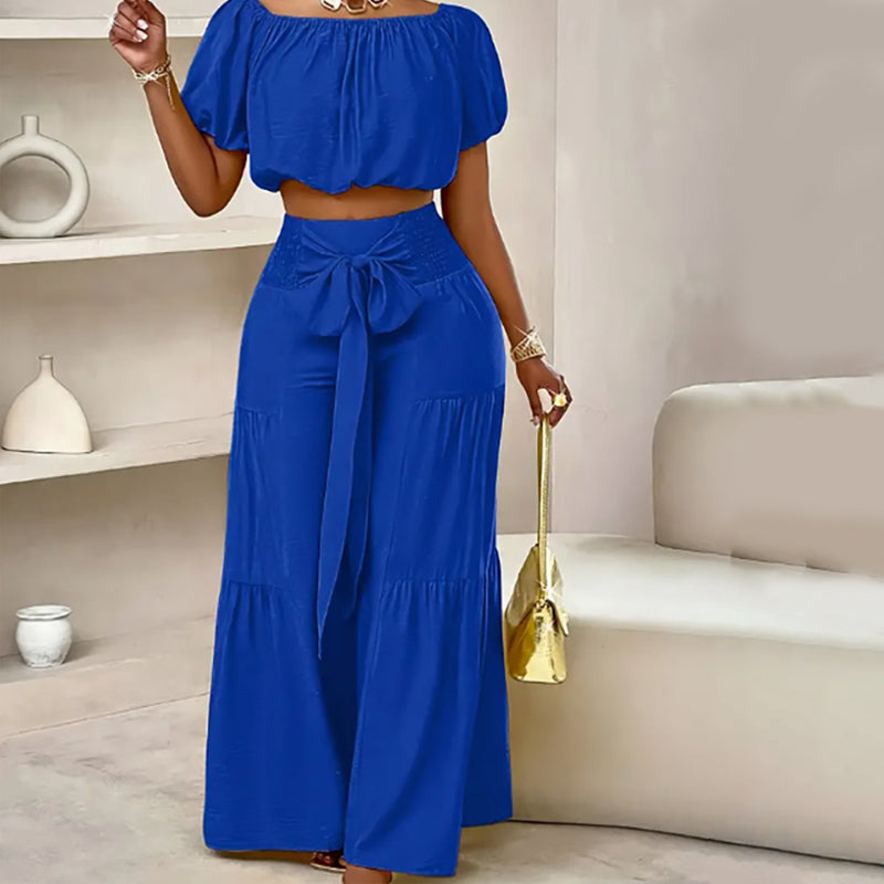 Damen zweiteiliges Set: Schulterfreies Oberteil mit Puffärmeln und Weitbeinhose