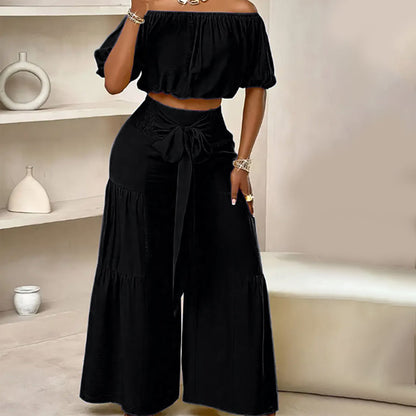 Damen zweiteiliges Set: Schulterfreies Oberteil mit Puffärmeln und Weitbeinhose